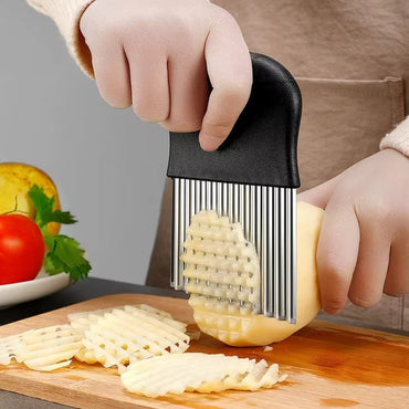 Stainless Steel Wave Knife with sharp, crinkle-cut blade for precise vegetable slicing and potato fries preparation.