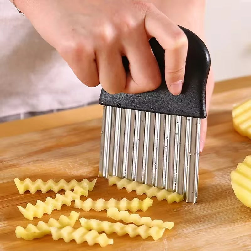 Stainless Steel Wave Knife with sharp, crinkle-cut blade for precise vegetable slicing and potato fries preparation.