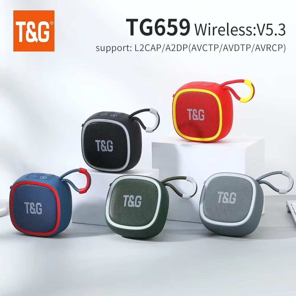 TG659 Mini Bluetooth Speaker with HiFi sound quality, TF card and radio support, portable design, and wireless Bluetooth connectivity for on-the-go music.