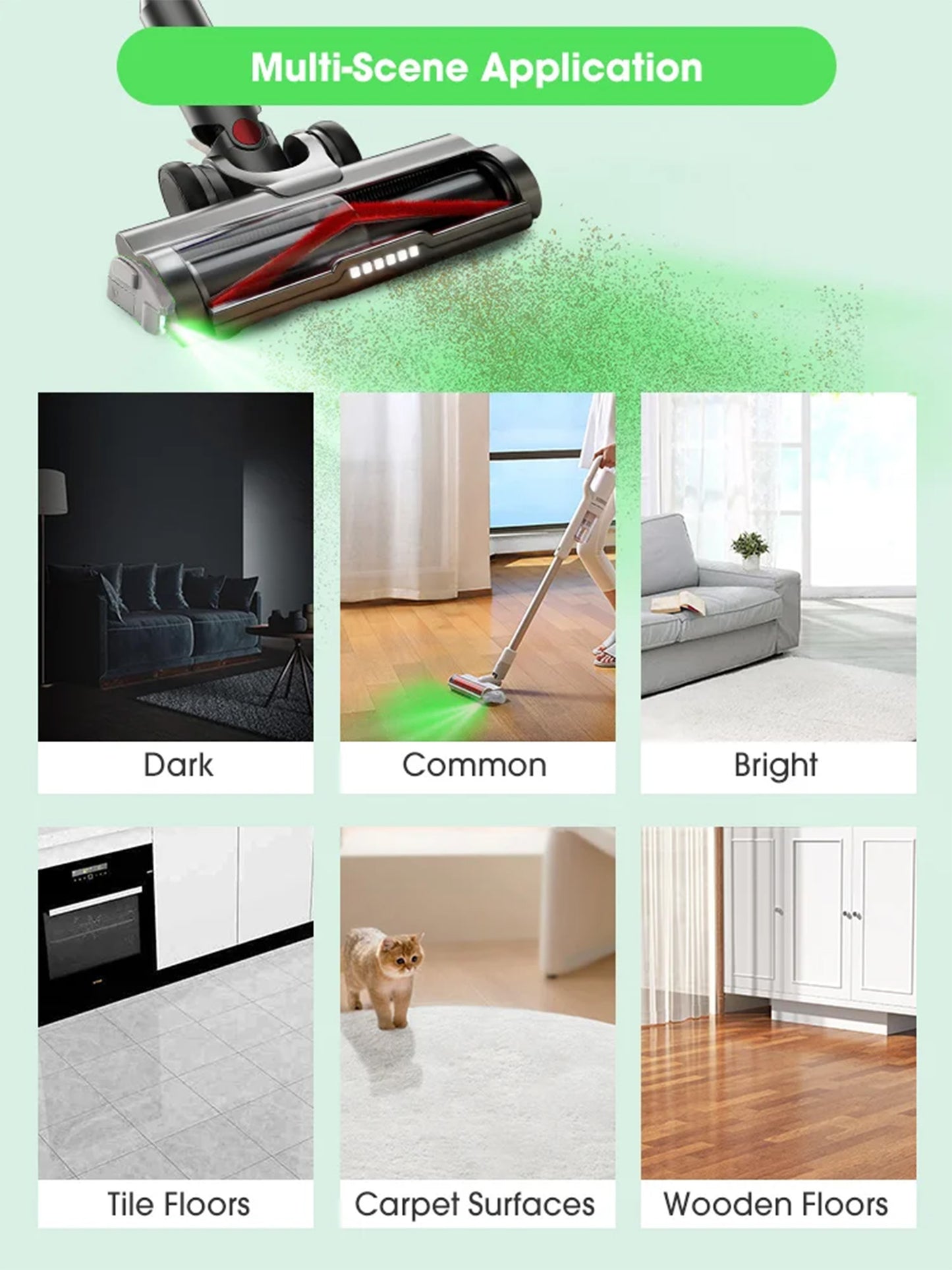 Adaptive vacuum cleaner with laser light, advanced cleaning technology for precise dust detection and efficient home cleaning.