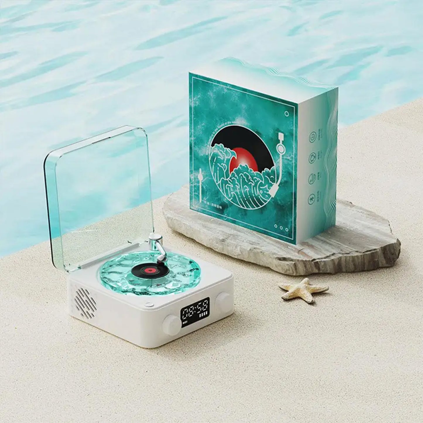 Portable Vinyl Wave Player: A retro-inspired wireless speaker offering classic vinyl sound, soothing wave sounds for sleep, and adjustable RGB lights. Compact and perfect for any space.