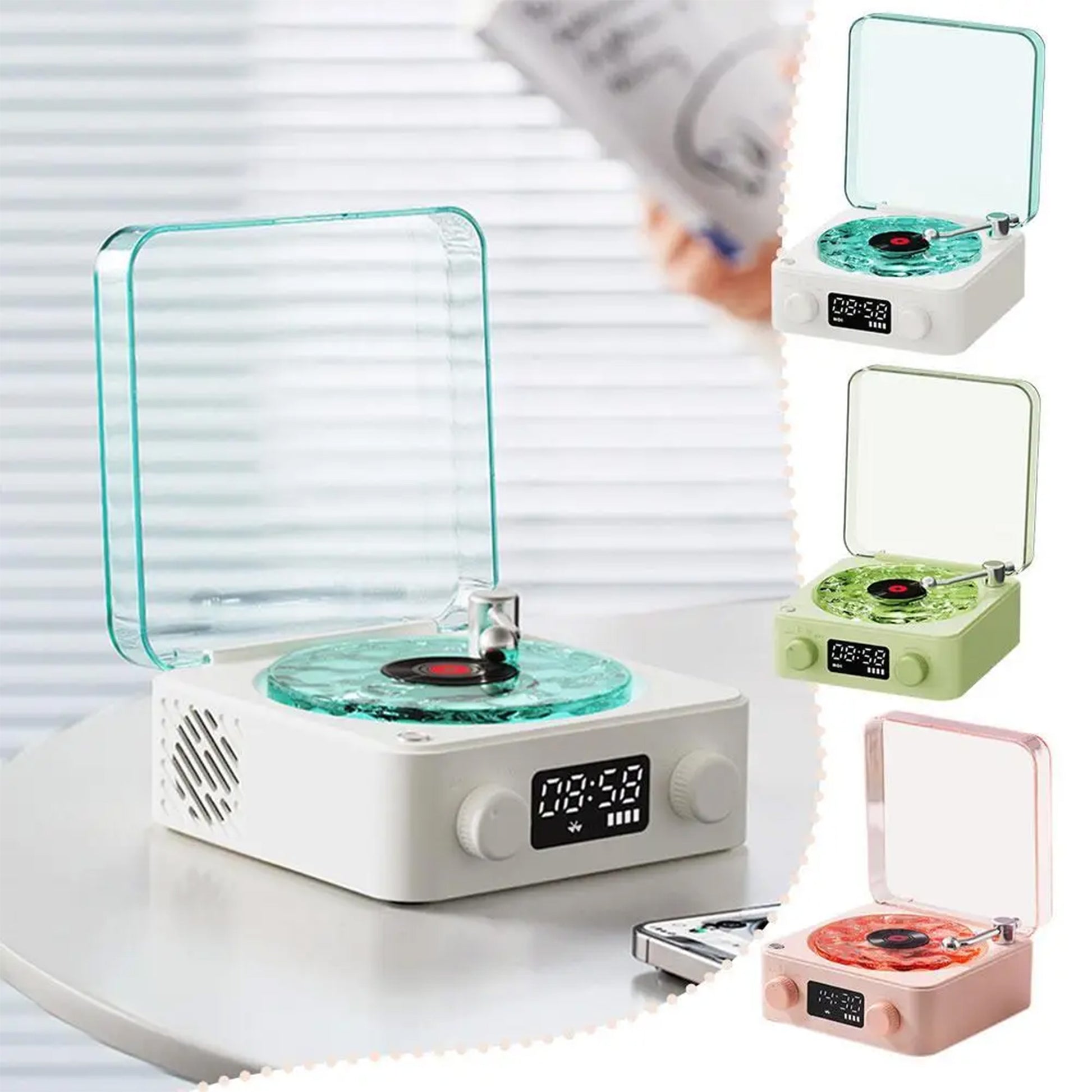 Portable Vinyl Wave Player: A retro-inspired wireless speaker offering classic vinyl sound, soothing wave sounds for sleep, and adjustable RGB lights. Compact and perfect for any space.